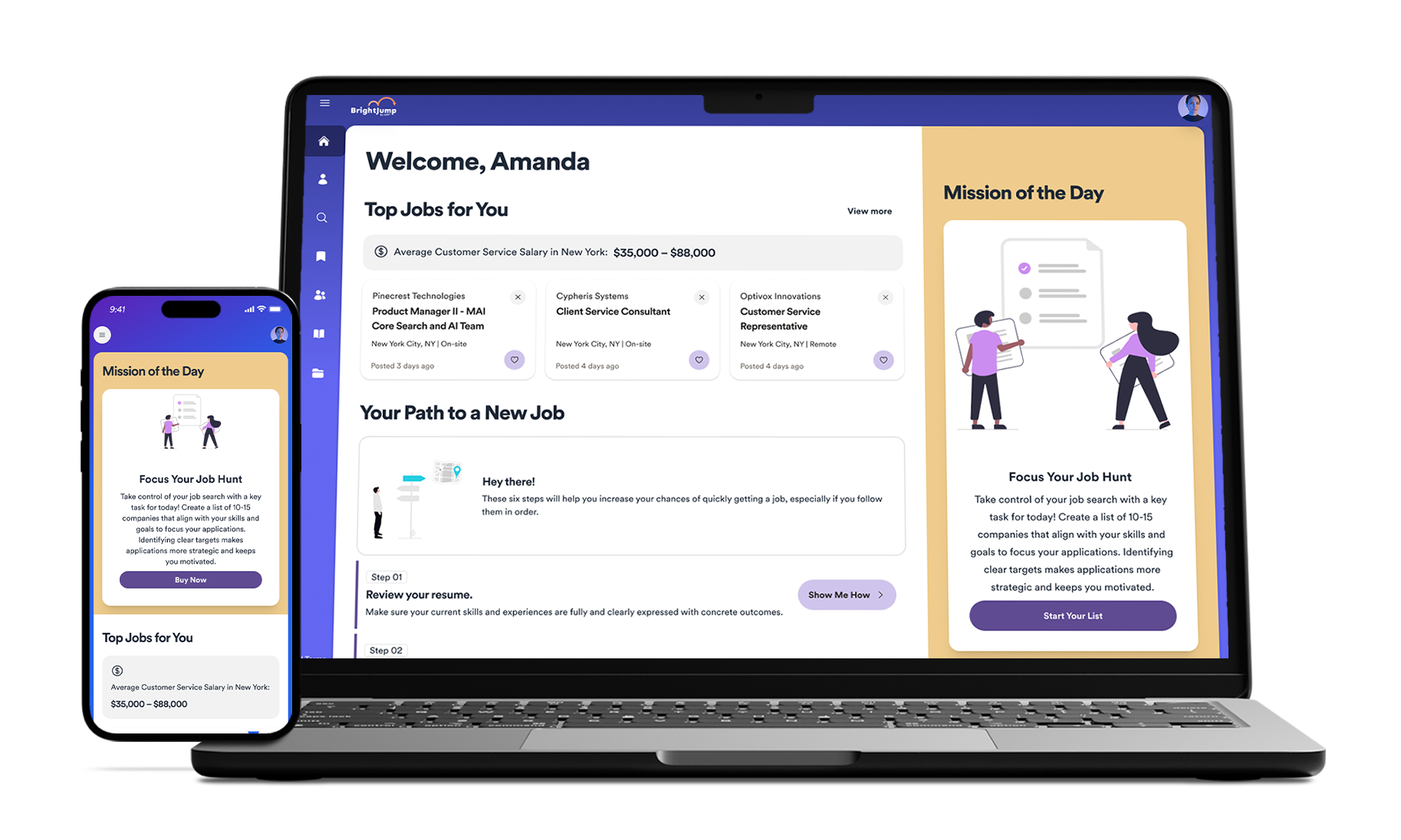A laptop and smartphone displaying BrightJump’s interface. The laptop shows a dashboard welcoming 'Amanda' with top job recommendations including Product Manager and Client Service Consultant positions in New York, plus a 'Your Path to a New Job' section with resume review guidance. The smartphone displays a mobile version with a 'Mission of the Day' featuring job hunt focus tips and top job listings. Both devices show the same purple-branded job search application with consistent user interface elements.