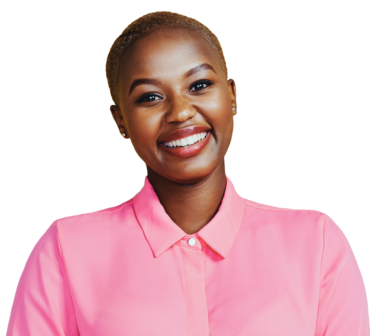 A smiling woman with short blonde hair wearing a bright pink collared shirt against a white background