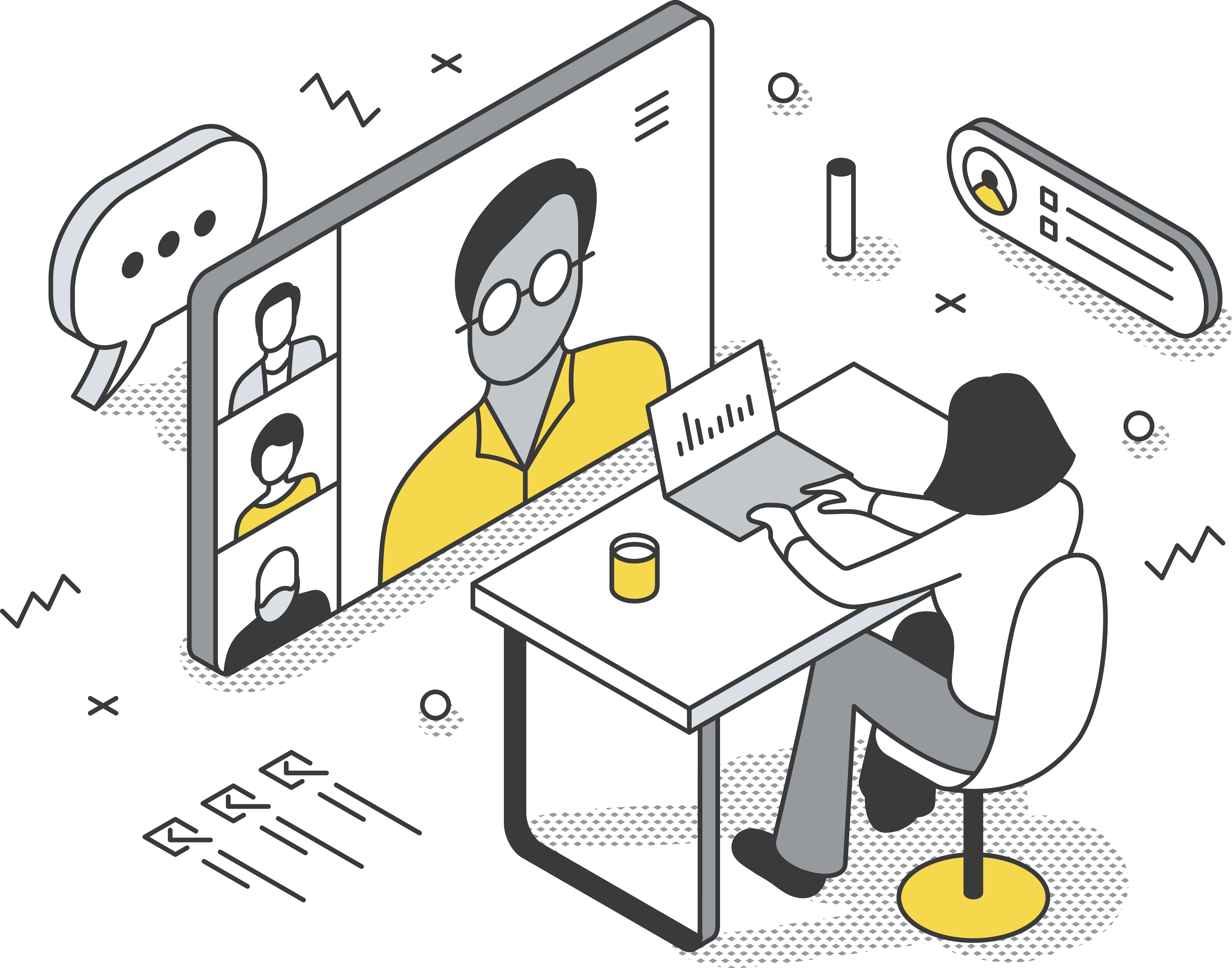 A people working at a desk with a laptop displaying code or charts, while participating in a video call showing team members on a large monitor. The workspace includes scattered documents and depicts a modern remote work environment with collaborative elements.