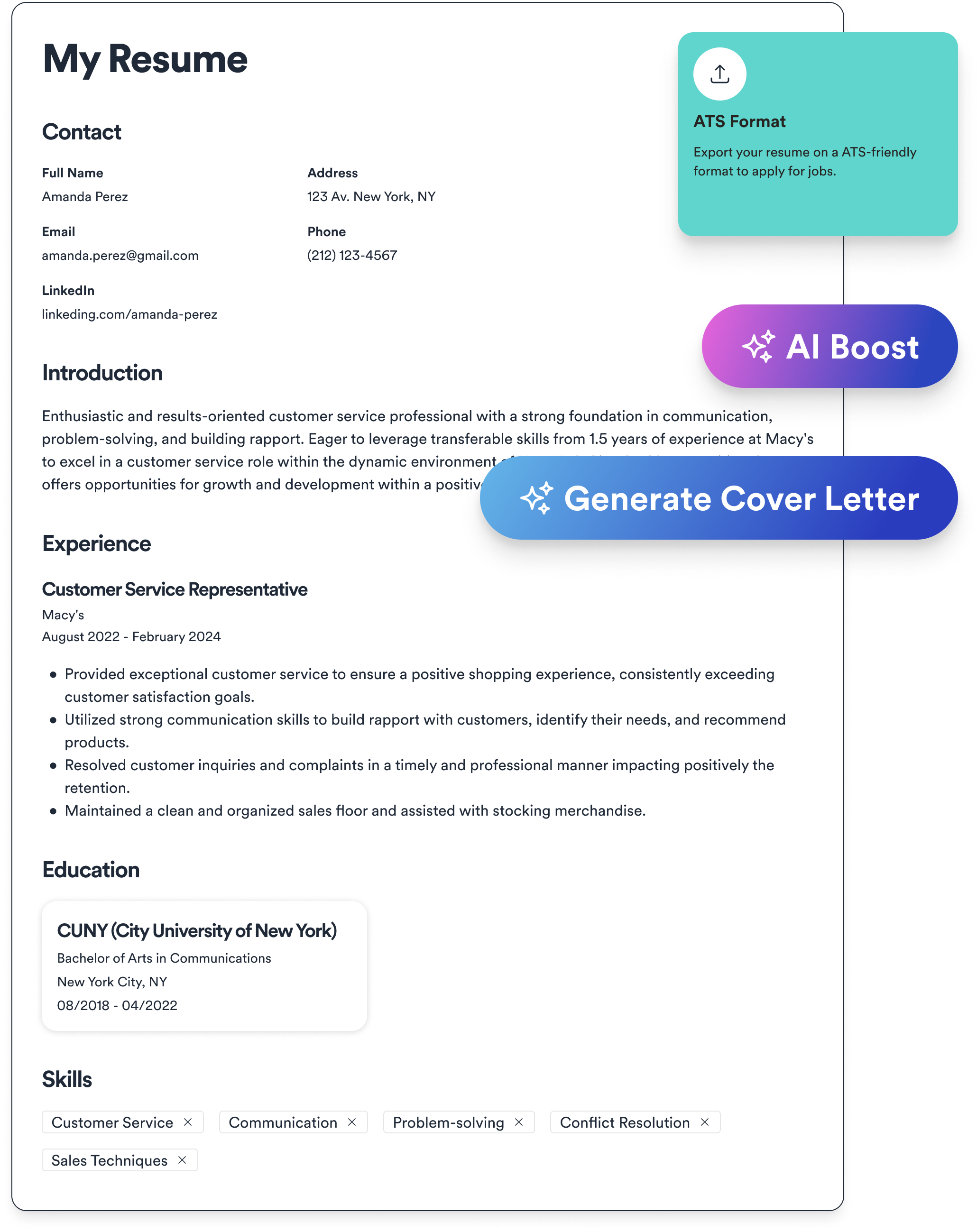 Resume for Amanda Perez showing contact information, professional introduction highlighting customer service experience at Macy's, work experience as Customer Service Representative from August 2022 to February 2024, education showing Bachelor of Arts in Communications from CUNY, and skills including customer service, communication, problem-solving, conflict resolution, and sales techniques