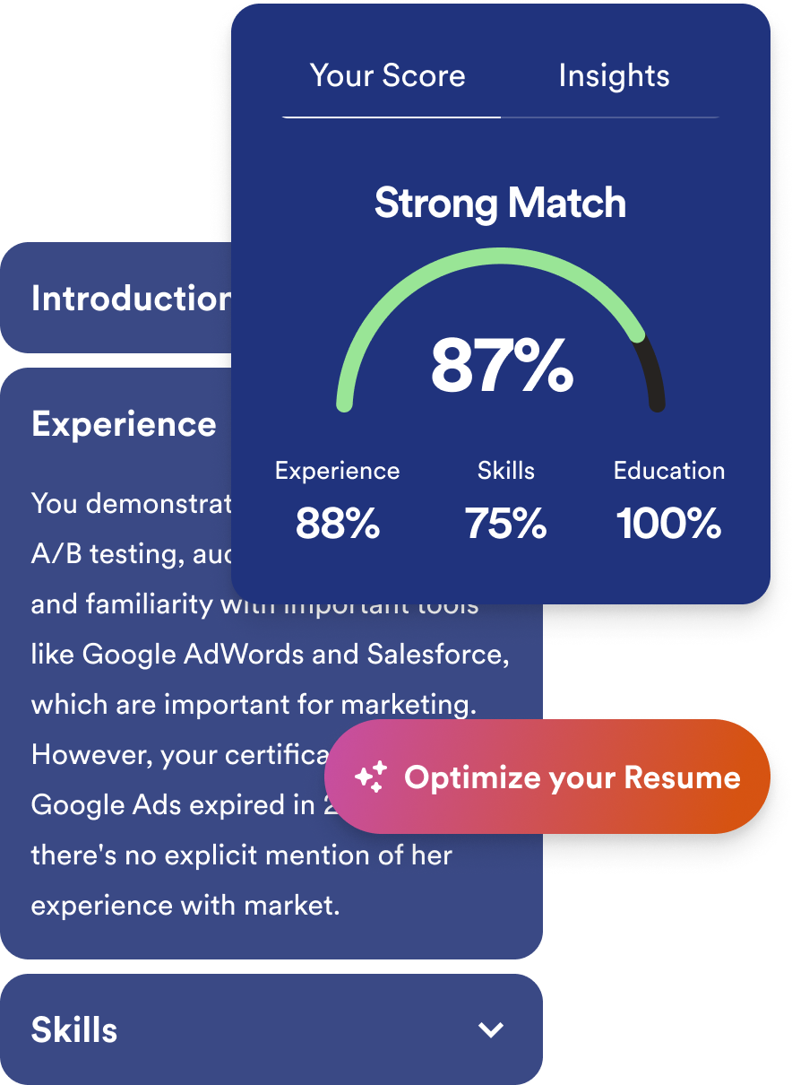 Decorative image showing resume optimization interface with 87% compatibility score