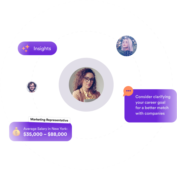Progress dashboard showing three learning modules: 1. Optimize your Profile (40% complete) - helps create stronger resume, 2. Perfect your Elevator Pitch (90% complete) - stand out to your audience, 3. Master the Art of Networking (incomplete) - navigate among people and create connections. Additional skills available include Sales Techniques, Sale Systems, and Presentations. Shows 4/5 Criteria Match with Practice Pitch indicator.